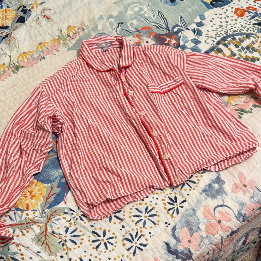 J. Crew Cropped Red and White Striped Button Down Pajama Shirt